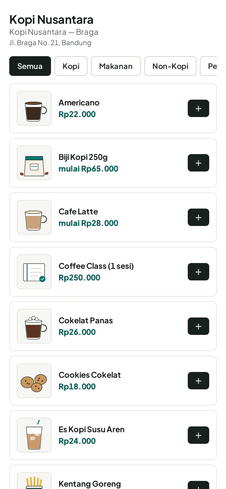 QR menu KasirNow di ponsel: daftar menu bergambar dengan harga dan tombol tambah